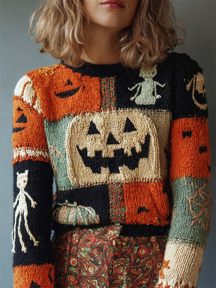 Vintage Halloween Pumpkin Colorblock Cozy Knit Sweater artswardrobe