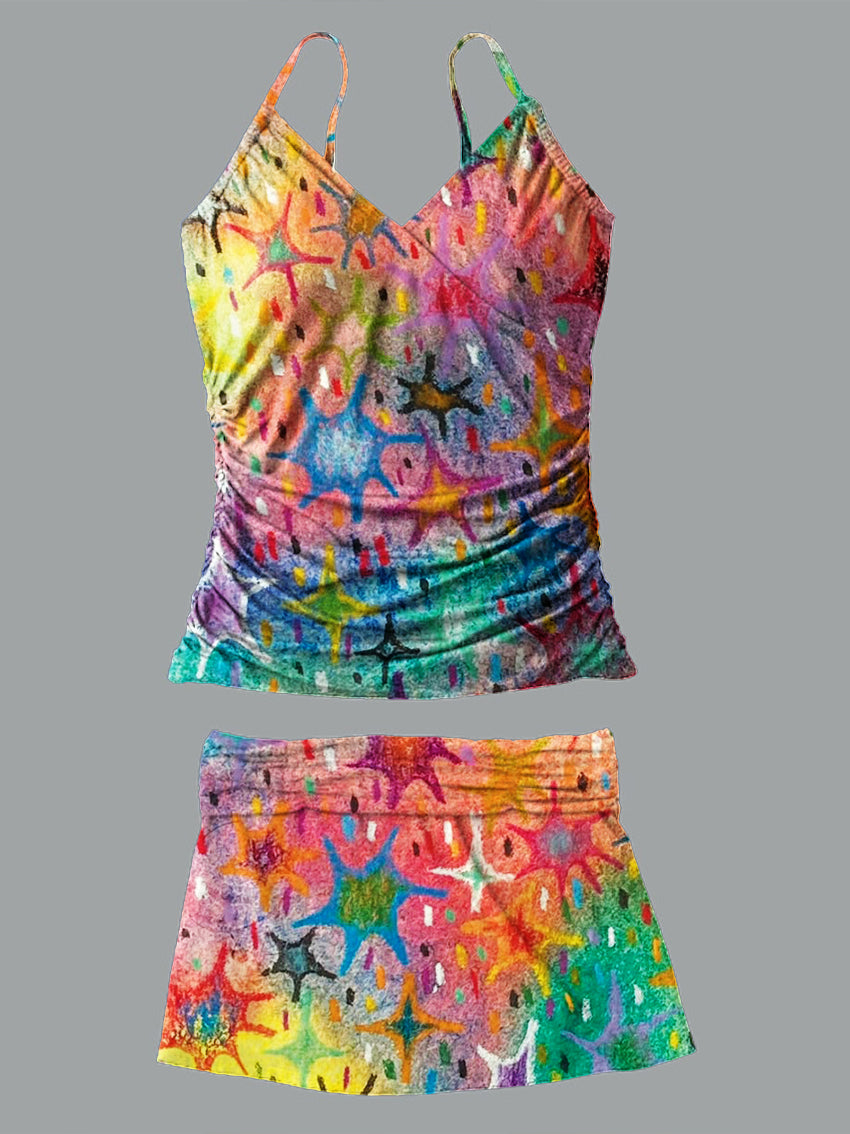 V-Neck Vintage Color Floral Print Suspender Skirt Tankini Pantskirt Set Swimsuit