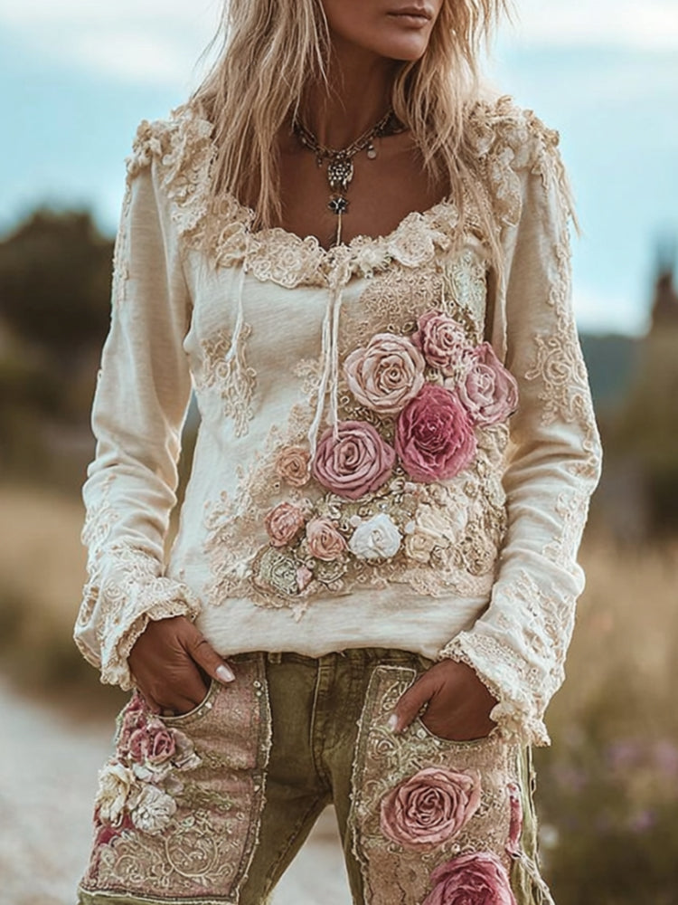 Comstylish Women's Pink Floral Vintage Casual Long-sleeved Round-neck Top