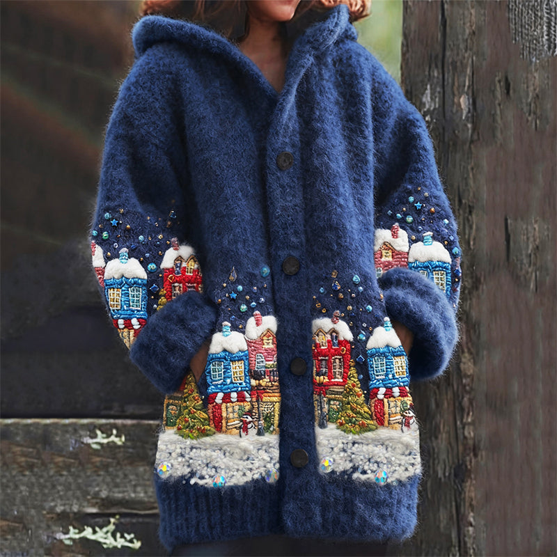 Comstylish Christmas Snowing Street Glitter Embroidered Cozy Hooded Cardigan