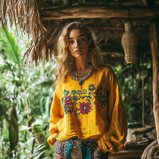 Comstylish Retro Bohemian Floral Art Embroidery Print Cotton And Linen Blend Loose Blouse