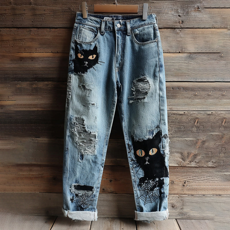 Women's Halloween Black Cats And Spiderwebs Vintage Embroidery Washed Jeans elevenforest