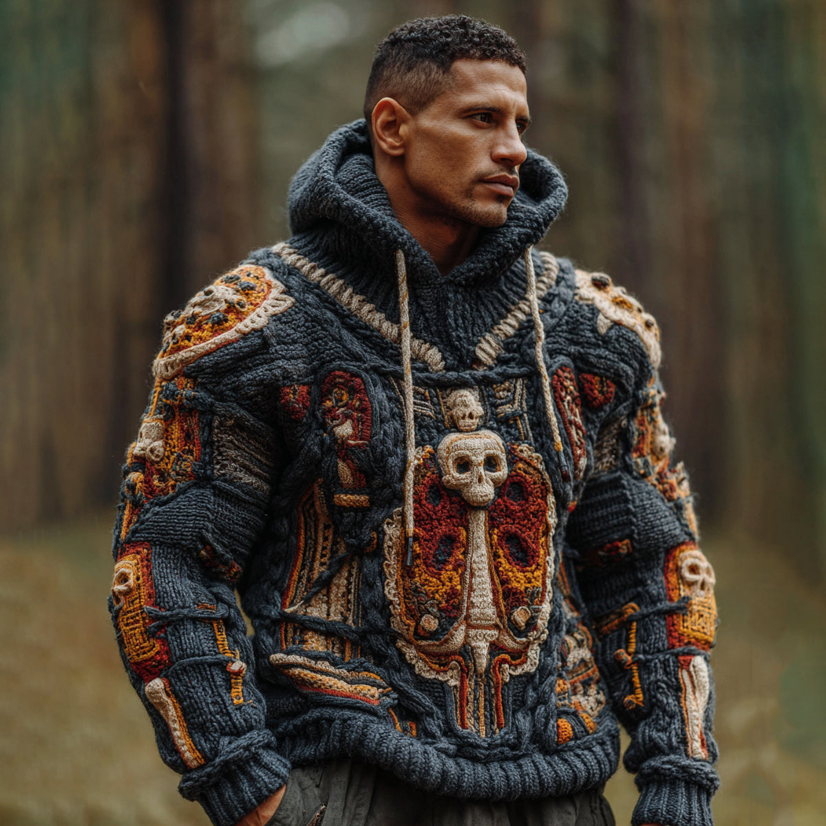 Men's Retro Skull Contrast Long Sleeve Knit Hooded Sweater artswardrobe