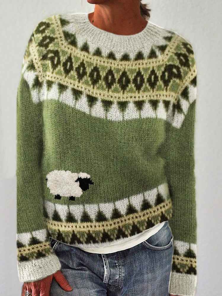 Vintage Fuzzy Sheep Embroidered Cozy Knit Isle Sweater elevenforest