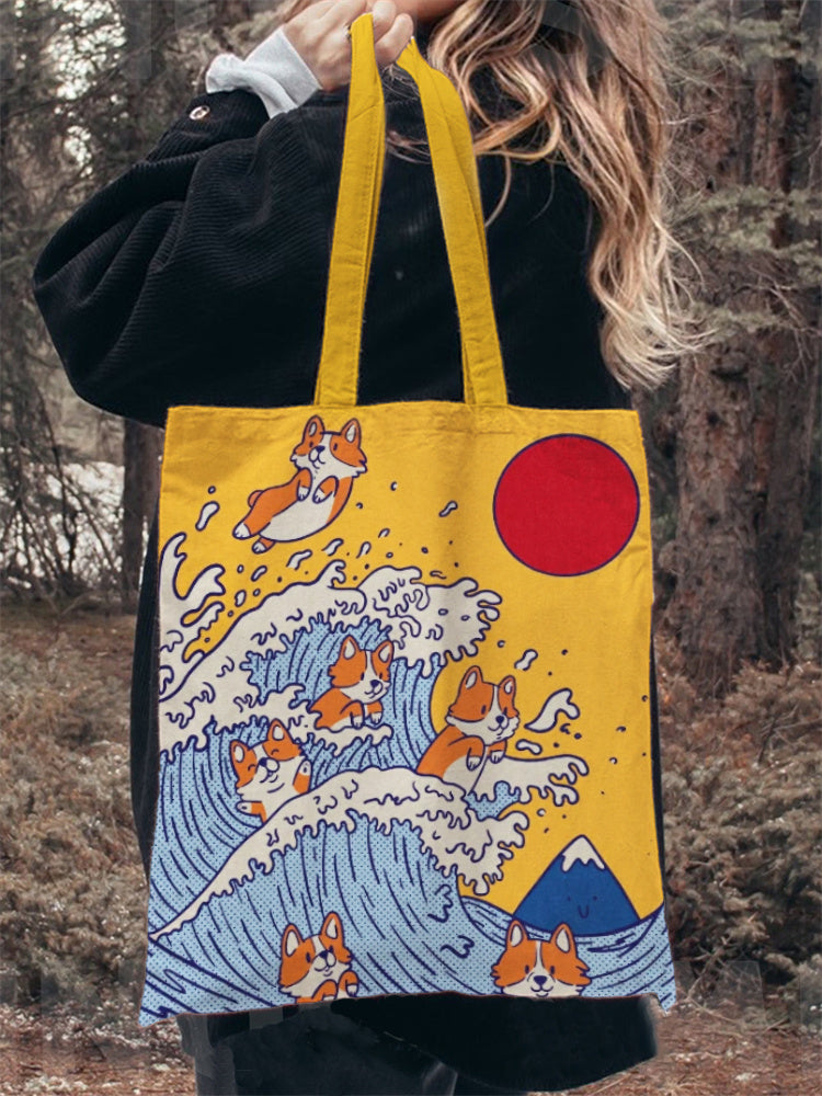 Comstylish Japanese Art Dog Print Washed Canvas Bag