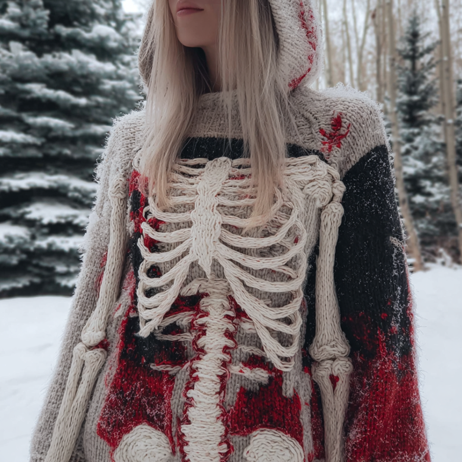 Lady's Halloween Gothic Style Skull Skeleton Pattern Knitted Sweater artswardrobe