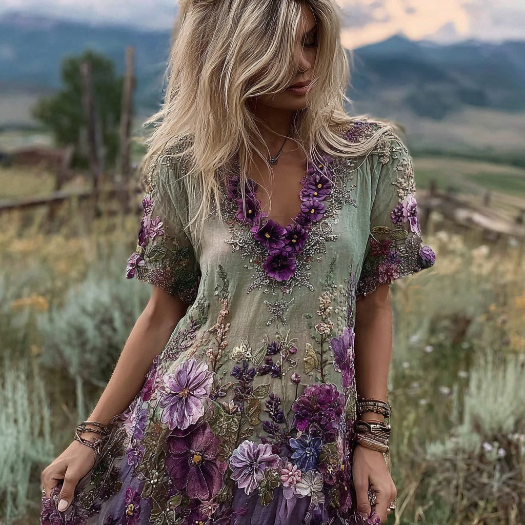 Vintage Gradient Purple Floral Embroidered Linen Midi Dress artswardrobe
