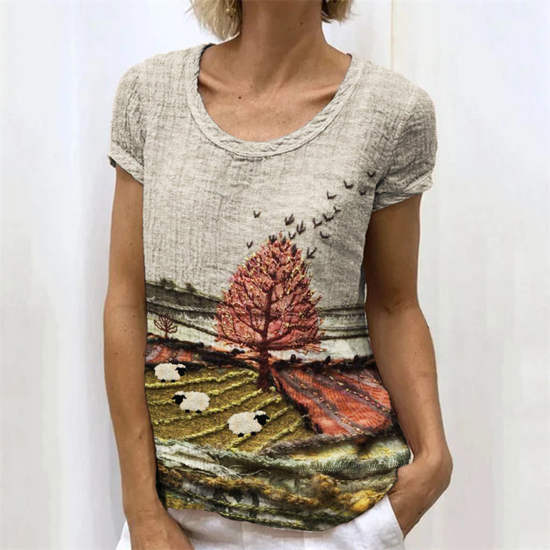 Sheep & Farm Landscape Embroidered Textile Linen Shirt artswardrobe