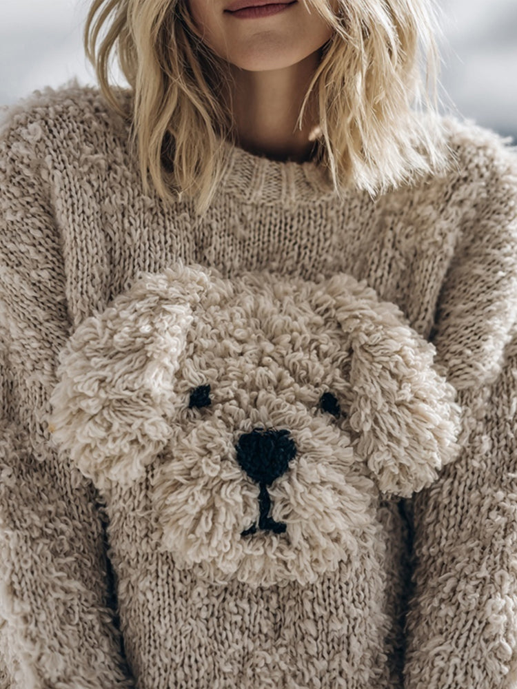 Cute Fuzzy Dog Embroidered Soft Cozy Sweater artswardrobe
