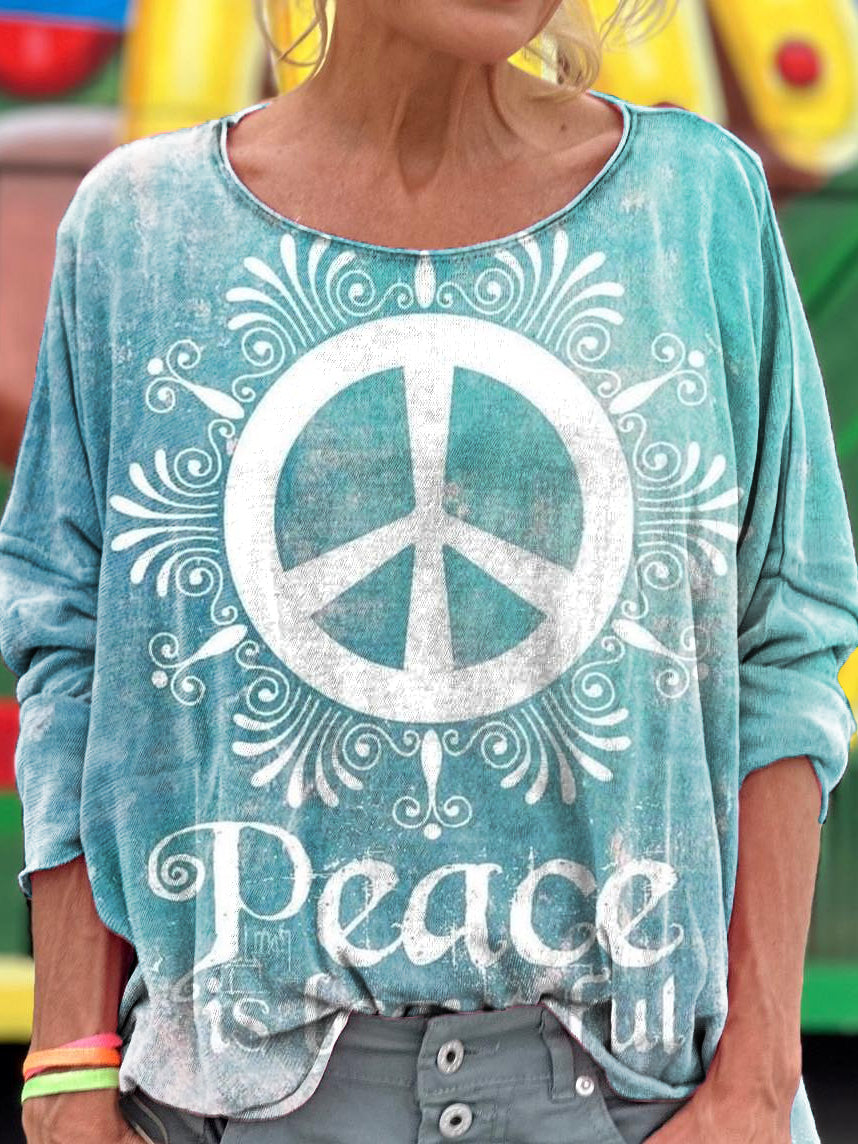 Women's Hippie Peace Is Beautiful Print Casual Long Sleeve T-shirt