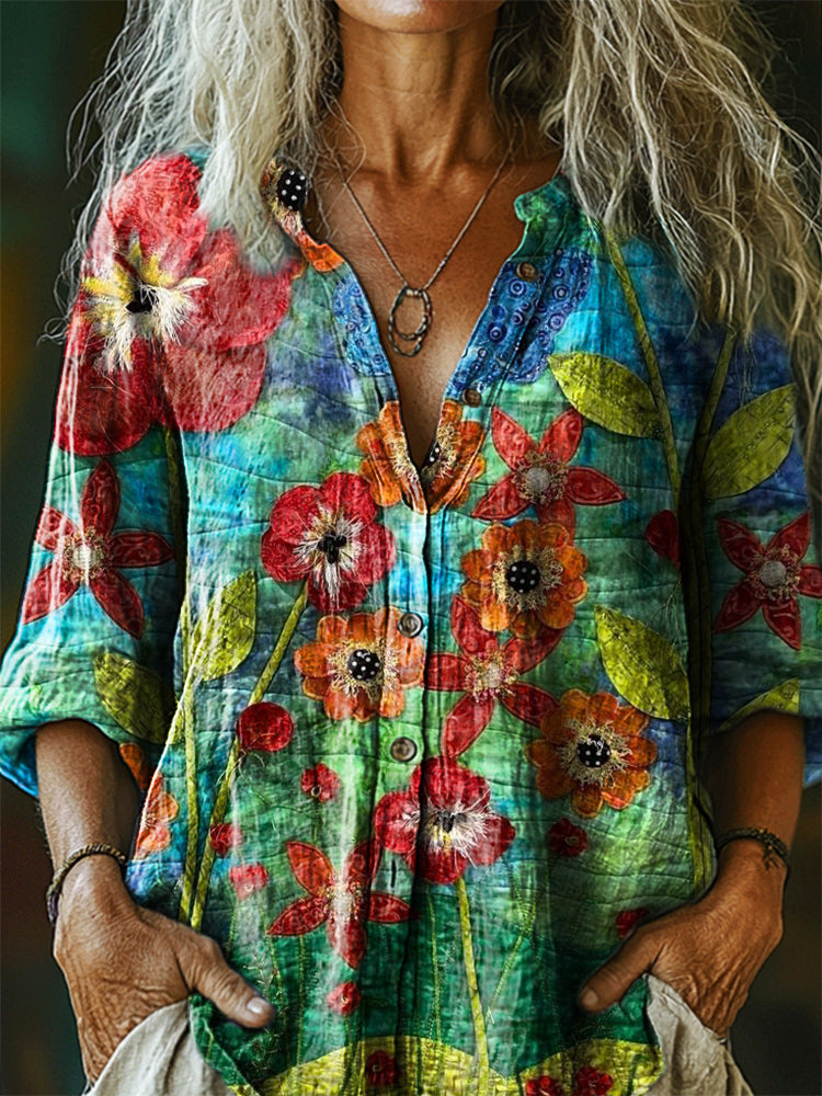 Women's Bohemian Floral Collage Art Print Casual Cotton Linen Shirt