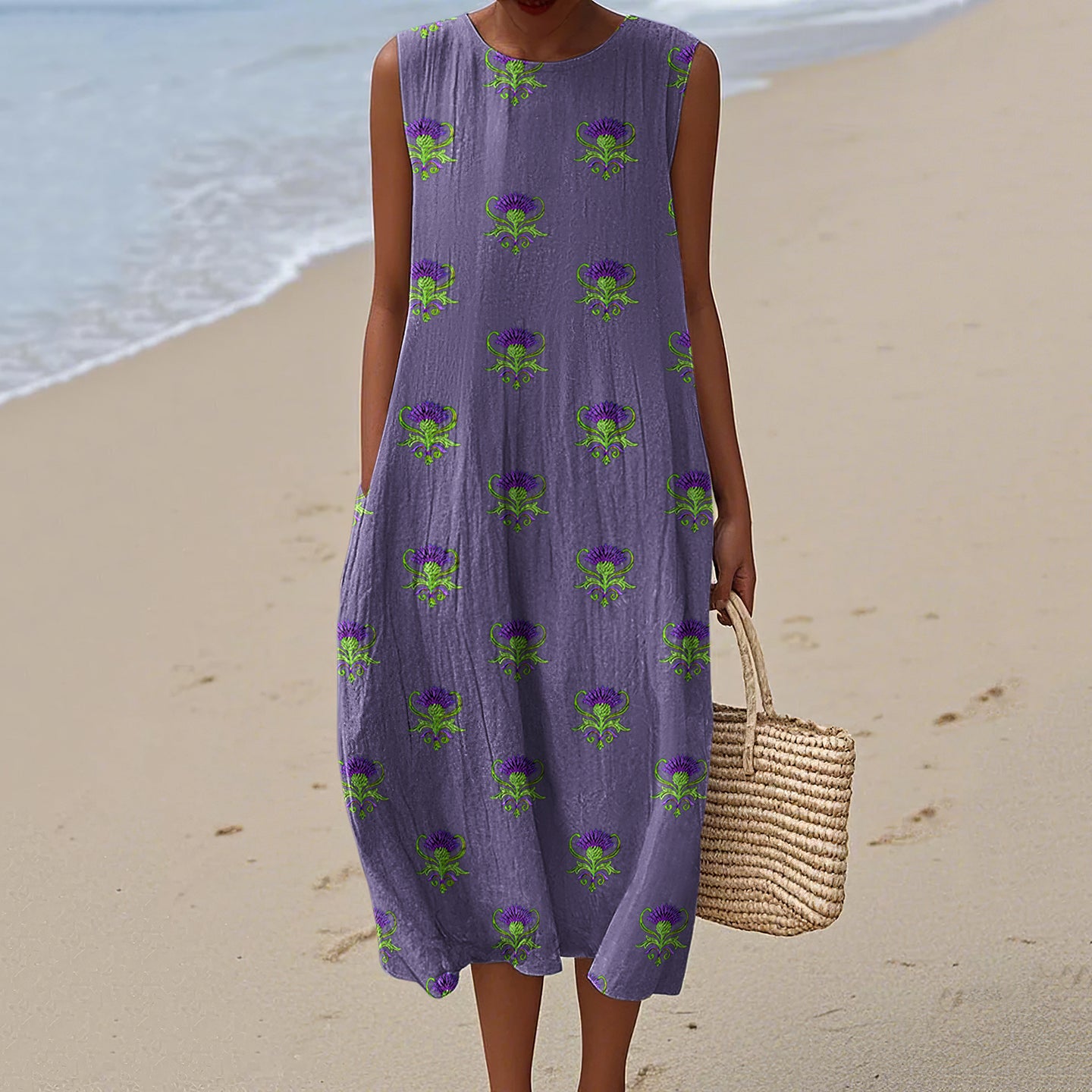 Women's Scottish Thistle Embroidery Print Midi Dress artswardrobe