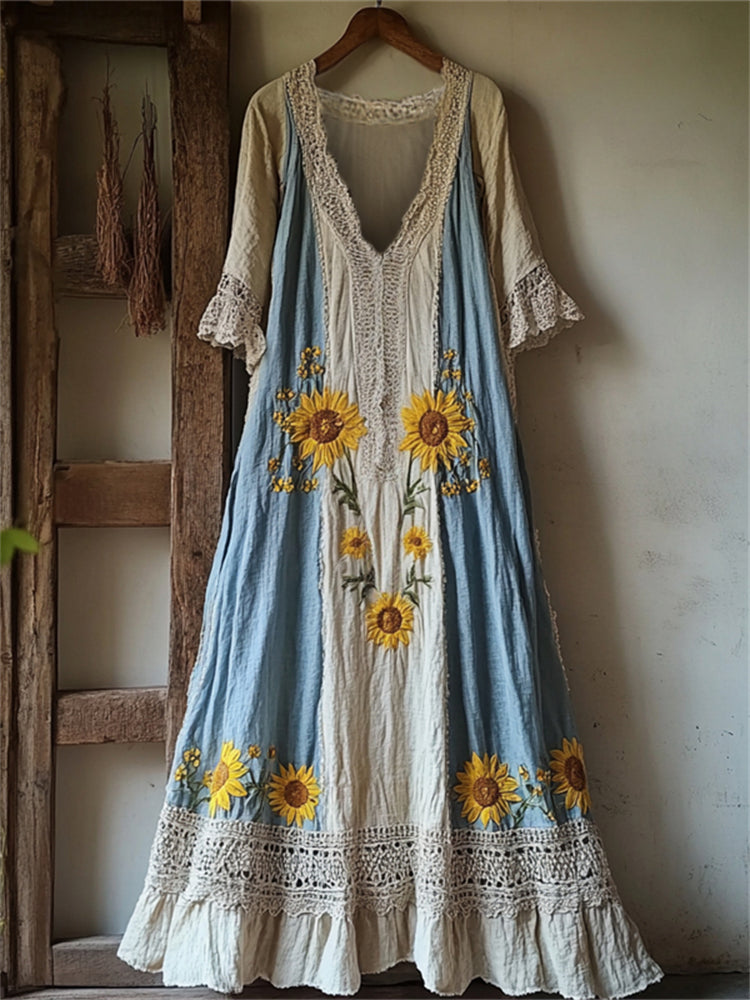 Boho Sunflowers Embroidered Lace Patchwork Flowy Linen Dress artswardrobe