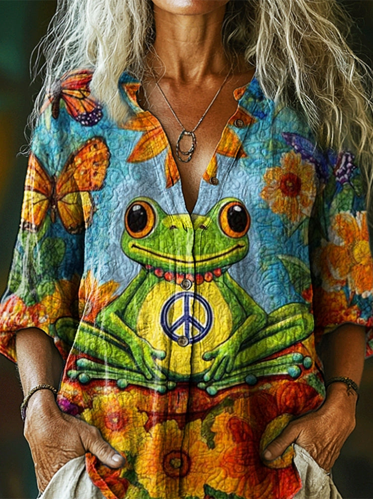 Women's Hippie Cute Frog Art Pattern Print Casual Cotton Linen Shirt