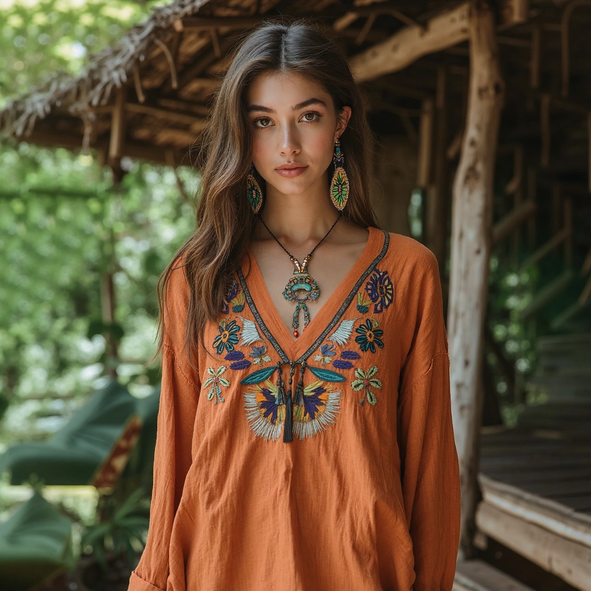 Retro Floral Tribal Embroidery Print Cotton And Linen Blend Loose Blouse artswardrobe