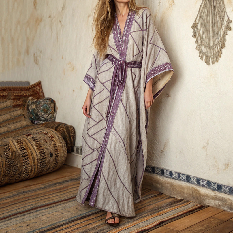 Women's Vintage Line Art Linen V-neck Robe artswardrobe