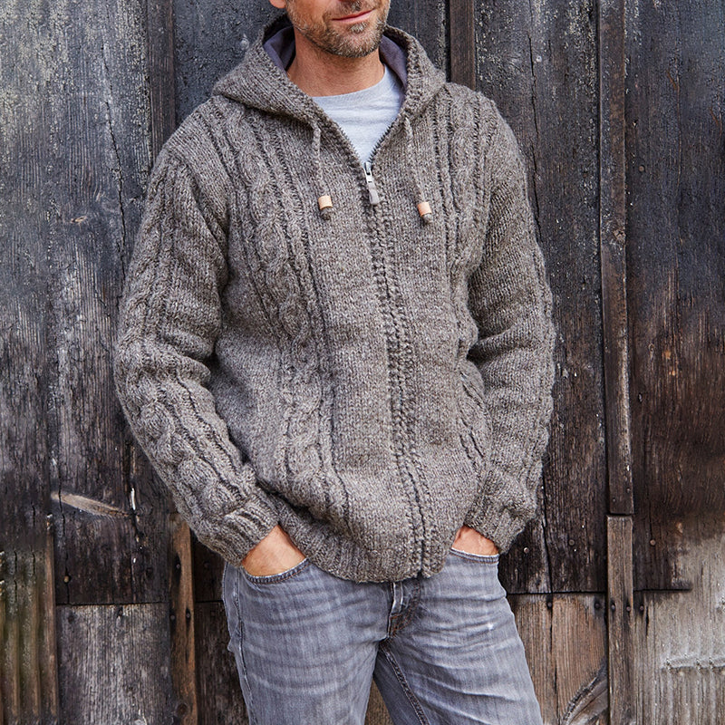 Men's Vintage Woven Solid Color Zipper Hooded Sweater artswardrobe