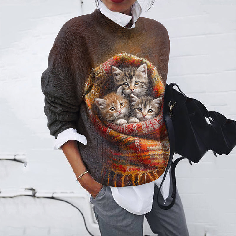 Vintage Icelandic Sleepy Cat Knitted Jacquard Women's Sweater elevenforest