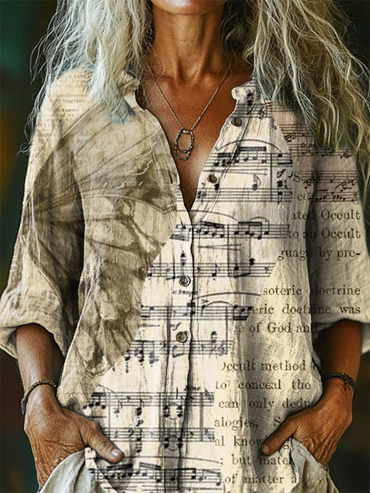 Women's Butterfly Sheet Music Art Print Casual Cotton Linen Shirt