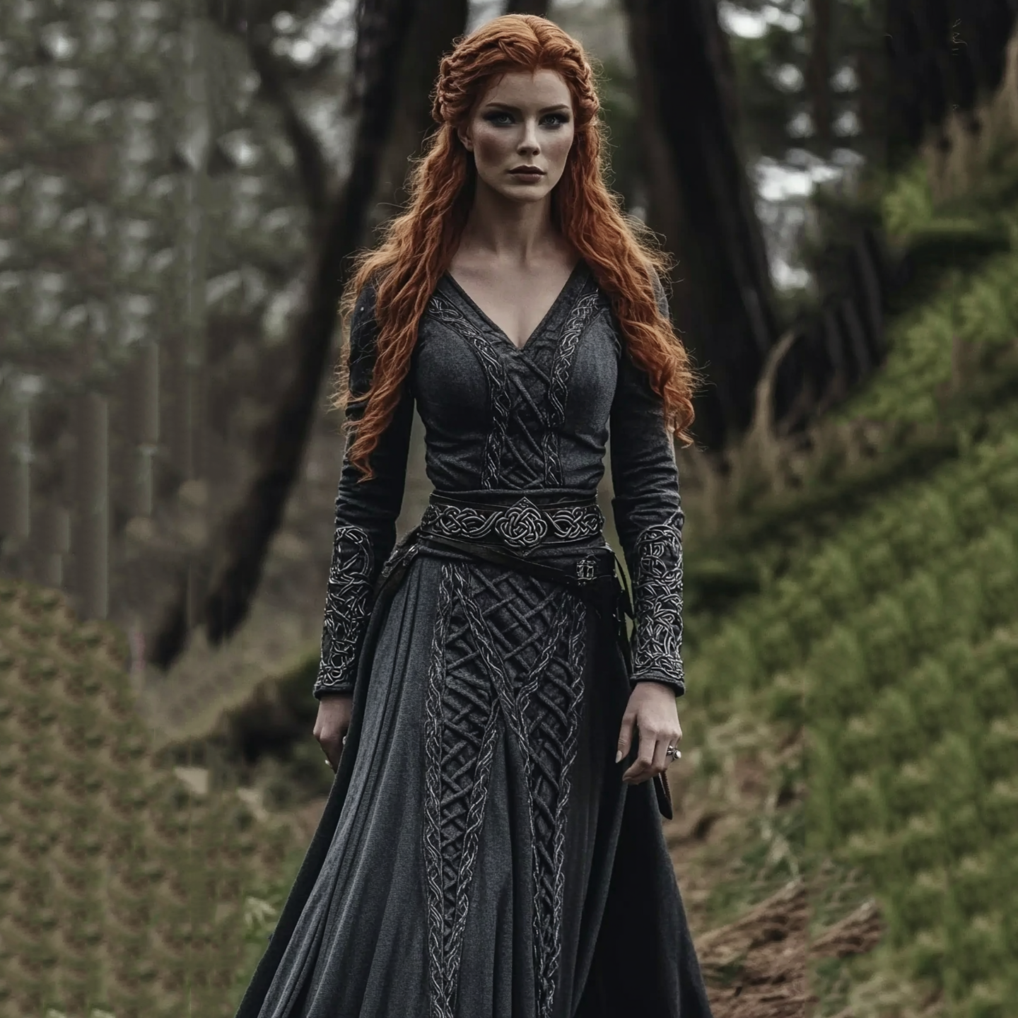 Women‘s Vintage Viking Celtic Knot Embroidery Art Long Sleeve Mixi Dress artswardrobe