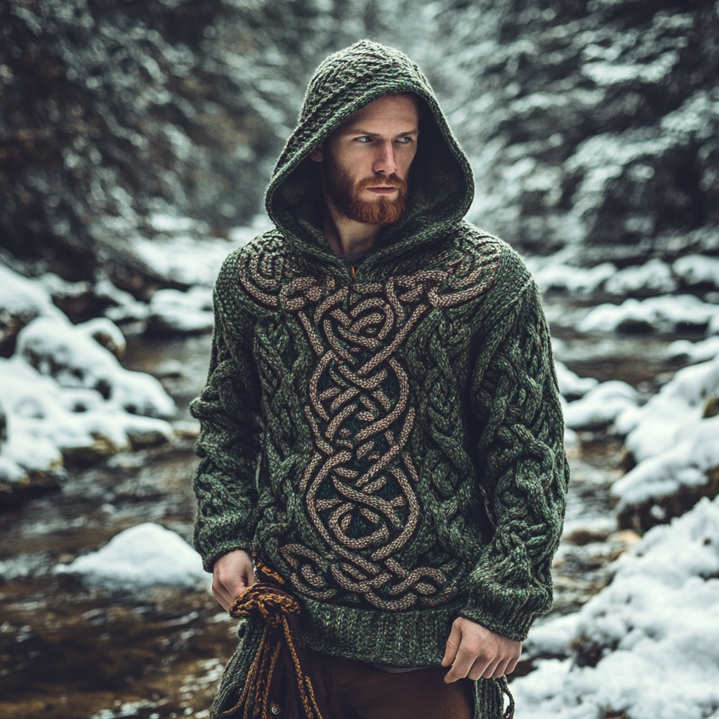 Men's Irish Celtic Knot Jacquard Mottled Hooded Sweater artswardrobe