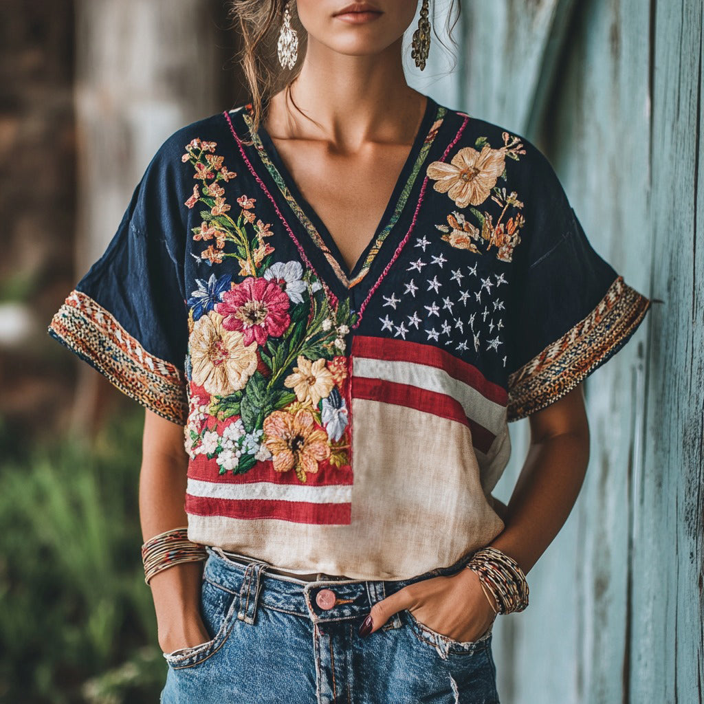 Women's Floral Embroidery Independence Day Flag Short Sleeve V Neck Casual Linen Top artswardrobe
