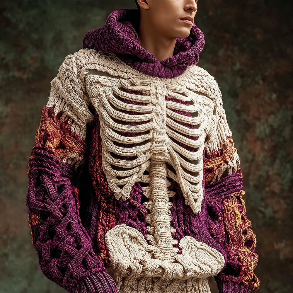 Halloween Skeleton Art Men's Knit Hooded Sweater artswardrobe