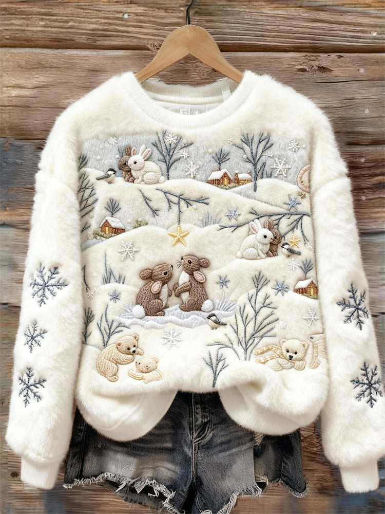 Bunny & Bear Winter Snowy Forest Embroidered Cozy Plush Sweatshirt