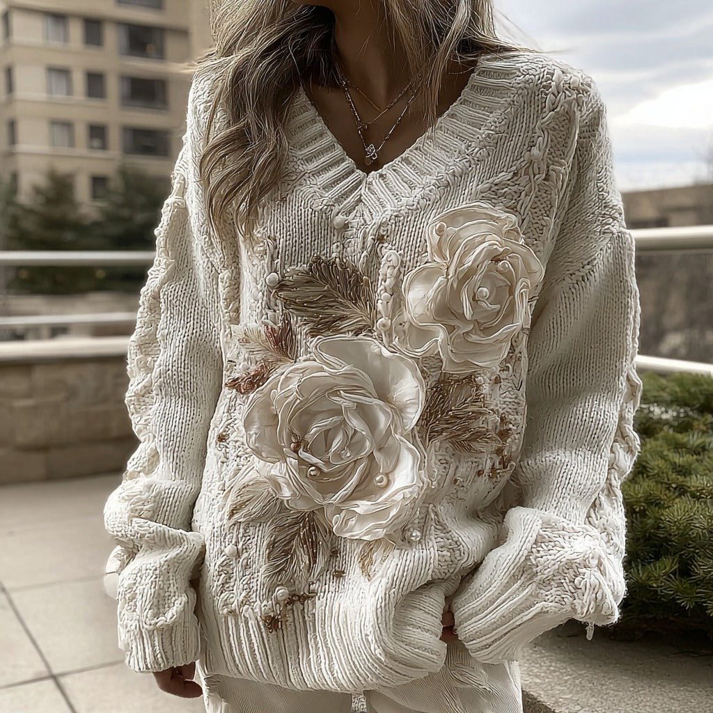 Women's White Rose Knitted Warm V-neck Sweater artswardrobe