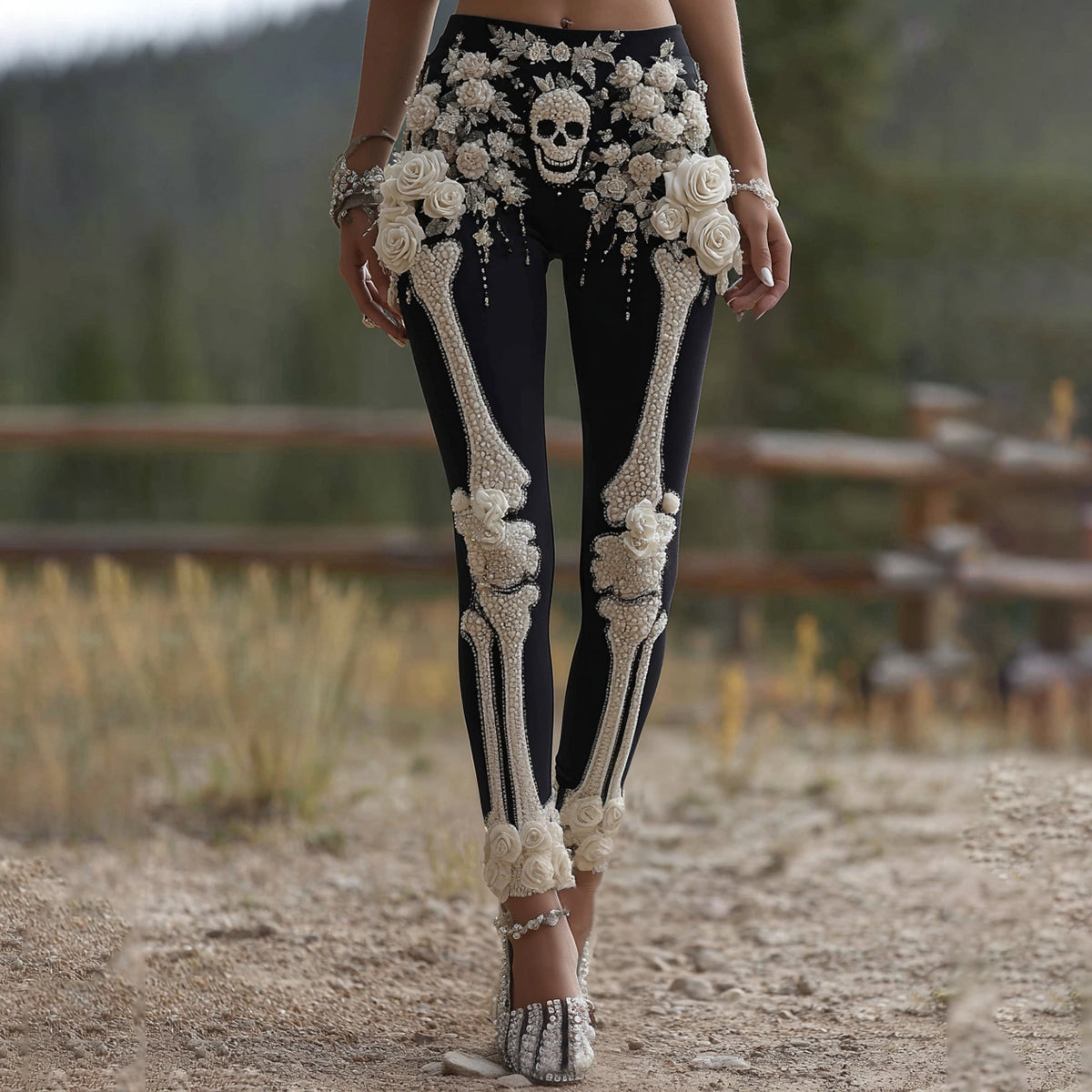Vintage Halloween Skeleton Bones With Rose Art Leggings artswardrobe