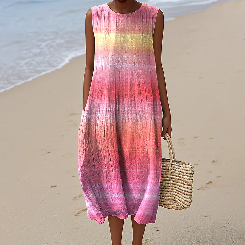 Women's Retro Cancer Awareness Ribbon Gradient Art Print Sleeveless Cotton Wrap Dress artswardrobe