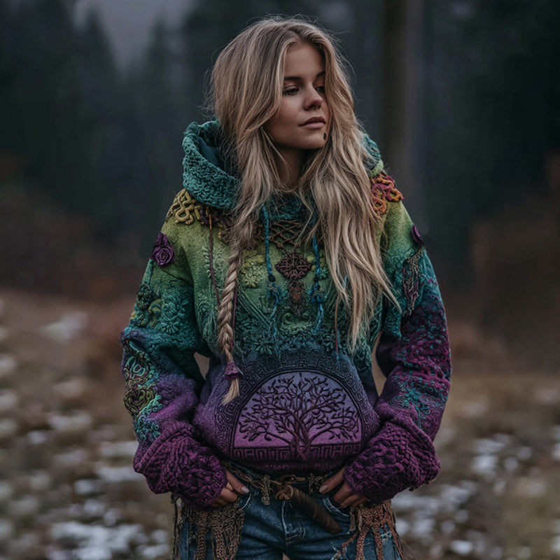 Women's Vintage Life Of Tree Gradient Art Knit Hooded Sweater elevenforest