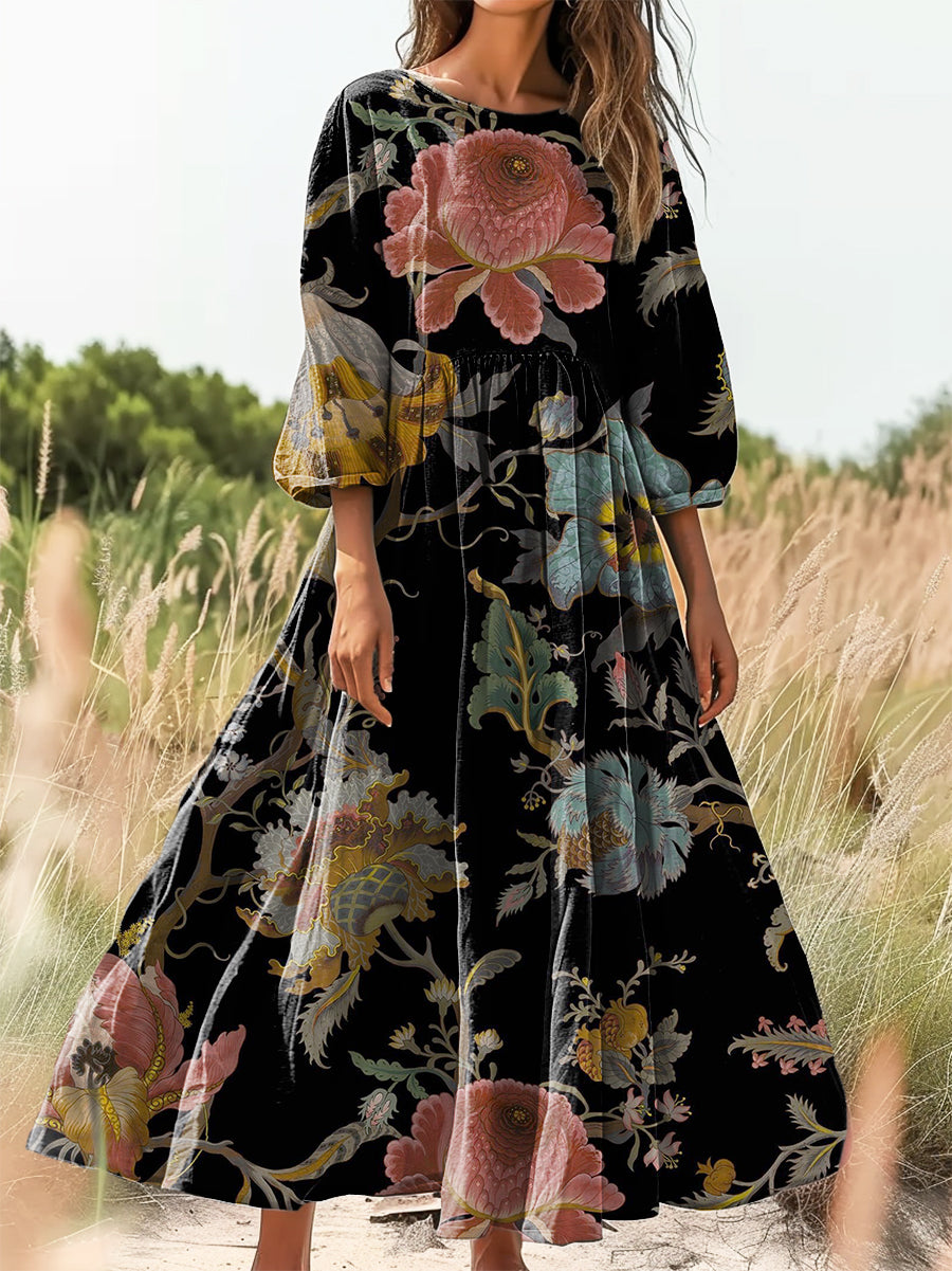 Women's Vintage Ethnic Floral Art Print Flowy Cotton Crew Neck Dress