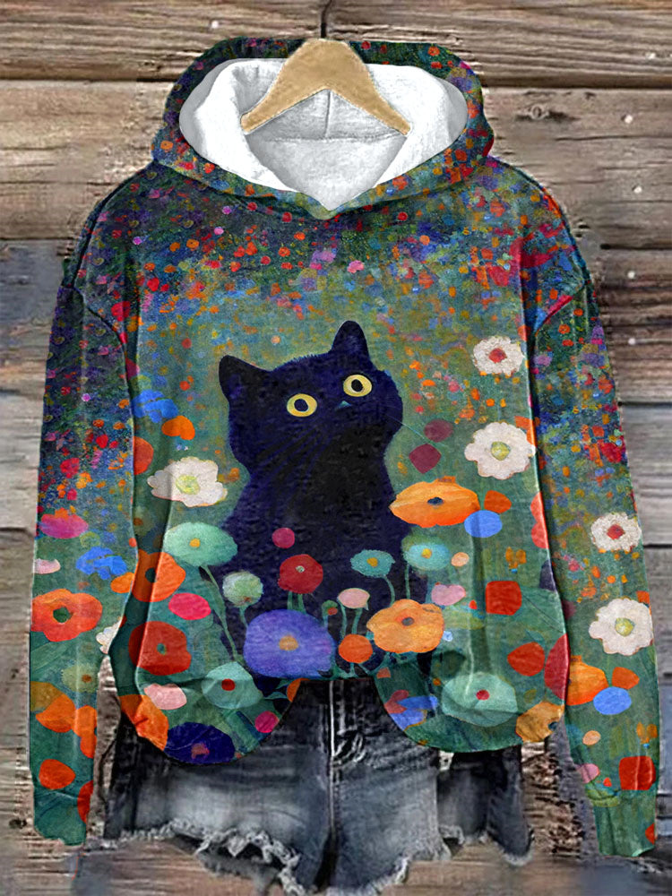 Funny Black Cat Art Floral Print Hoodie elevenforest