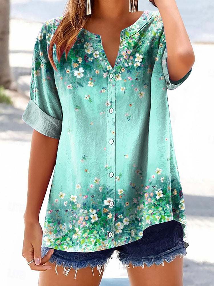 Women's Floral Pattern Art Print Casual Cotton Linen Short Sleeve Shir