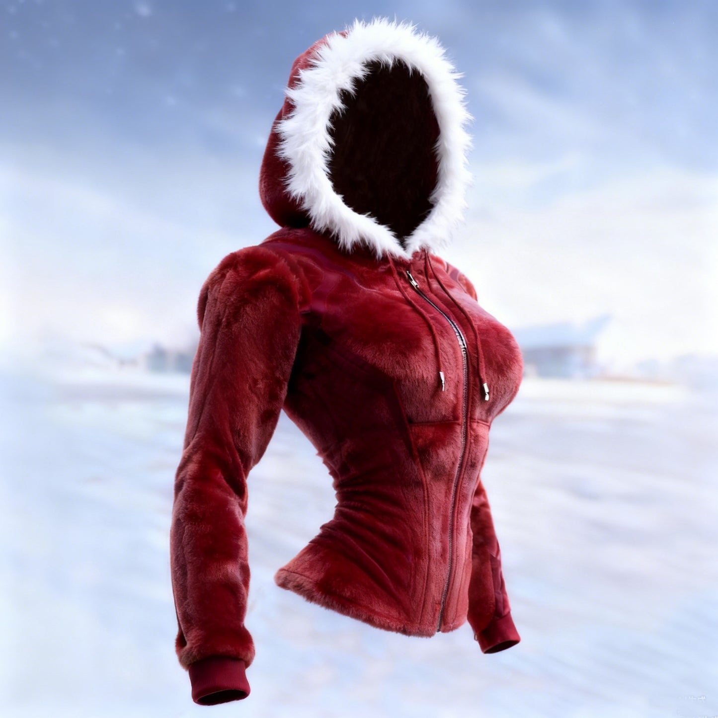 Comstylish Women's Vintage Christmas Red Flannel Fur Collar Zip-up Hoodie