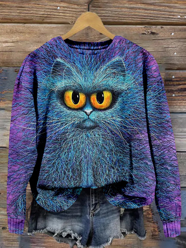 Funny Fluffy Cat Art Crew Neck Cozy Sweater elevenforest