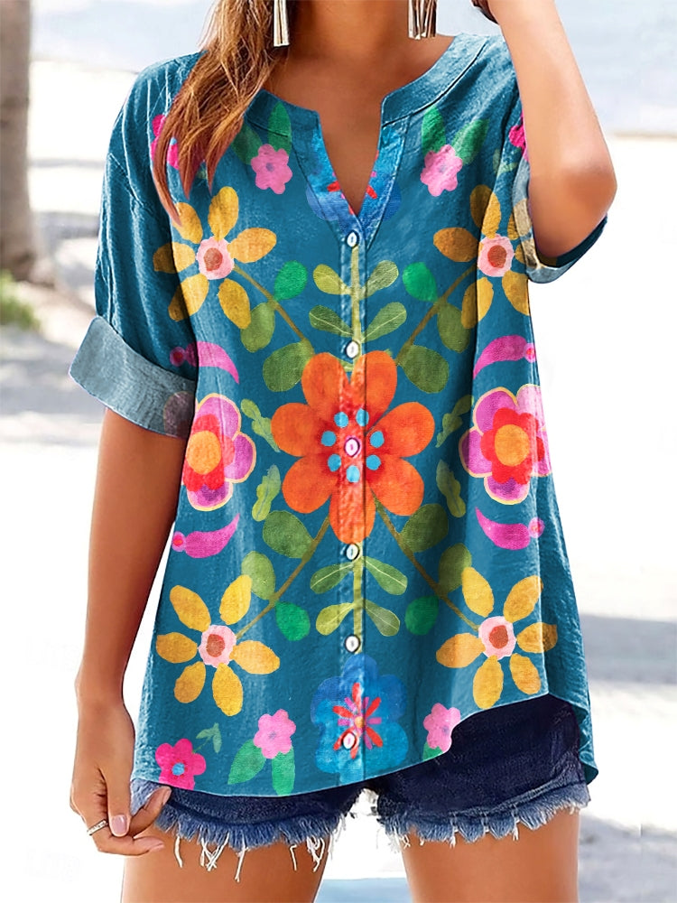 Women's Bohemian Floral Art Print Short Sleeve V-Neck Cotton and Linen