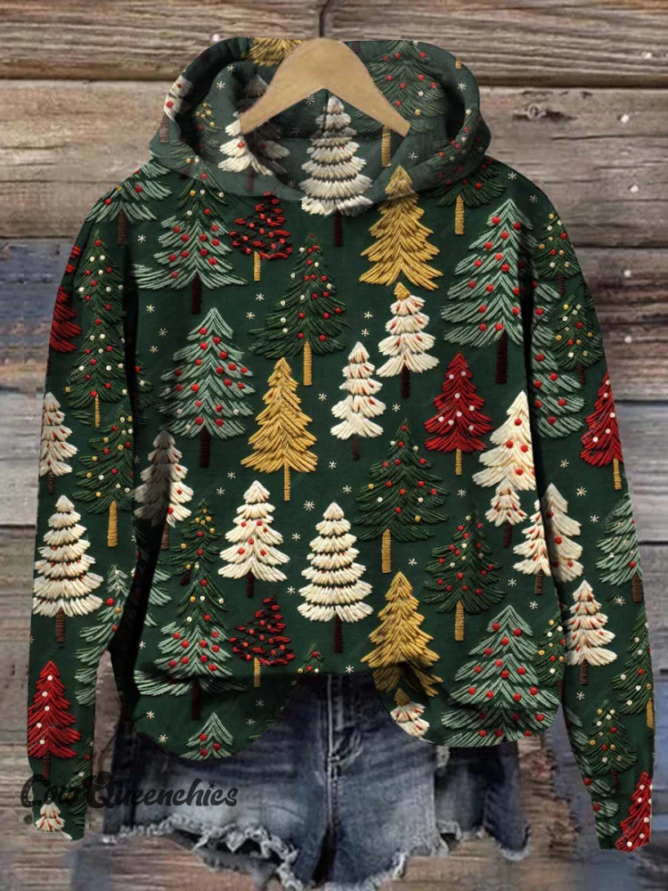 Comstylish Color Christmas Tree Vintage Casual Hoodie Sweatshirt