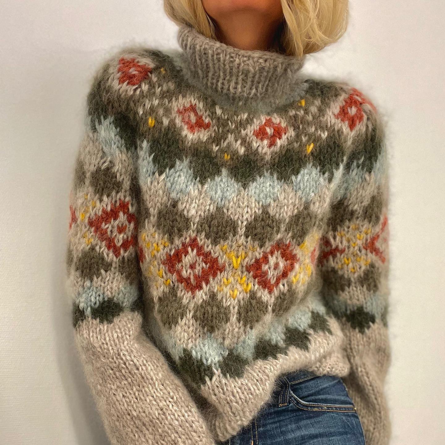 Retro Turtleneck Geometric Contrast Jacquard Sweater elevenforest