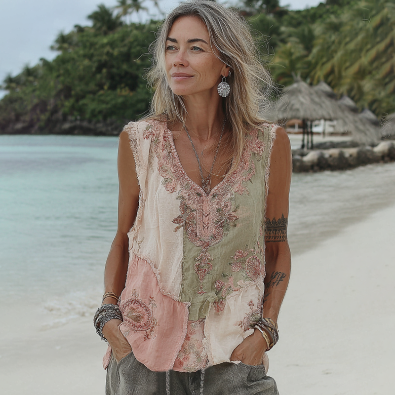 Women's Vintage Floral Art Linen Patchwork Sleeveless Top artswardrobe