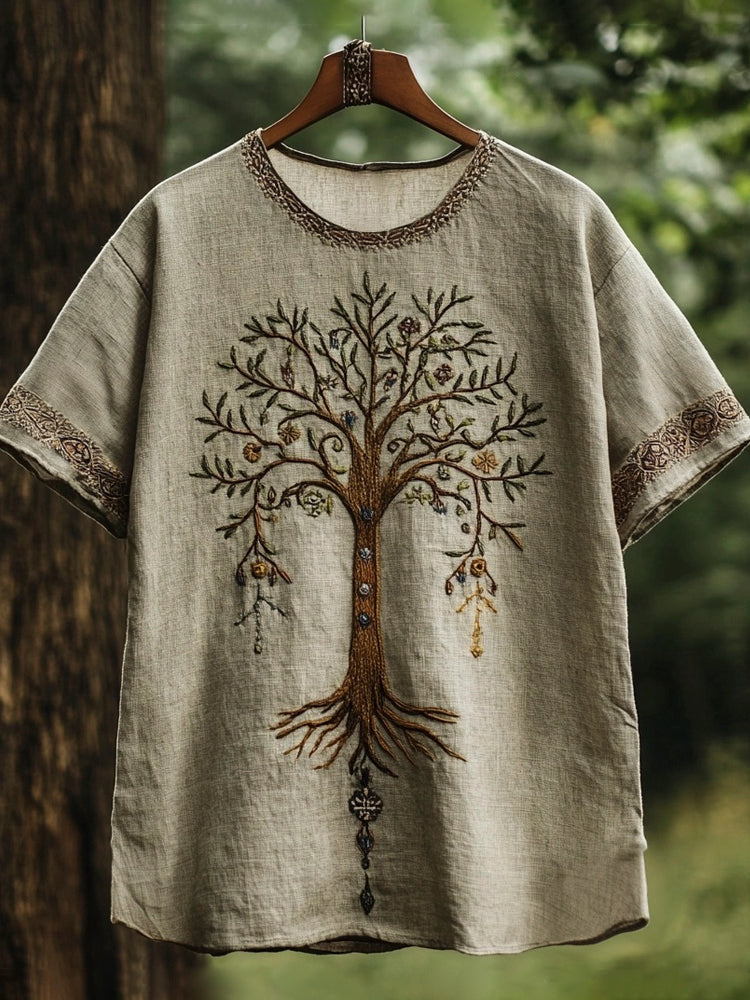Viking Tree Of Life Embroidered Vintage Art Men's Linen T-shirt artswardrobe