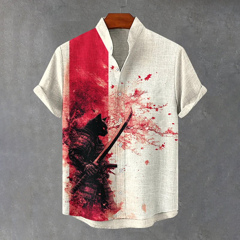 Men's Black Cat Warrior Art Print Short Sleeve Shirt elevenforest