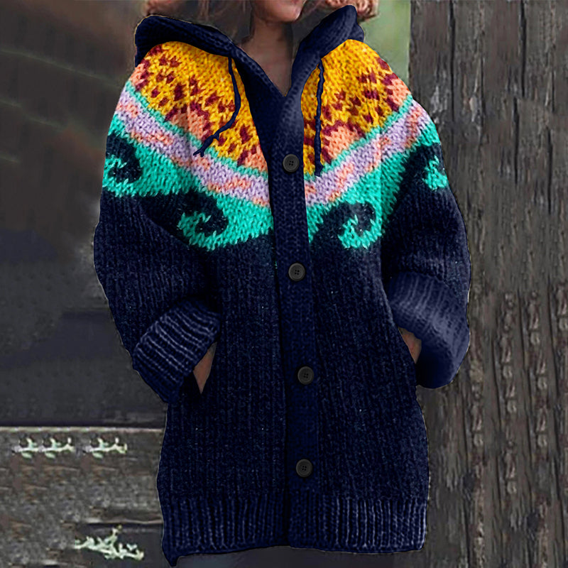 Fairman Island Geometric Wave Contrast Print Hooded Cardigan Sweater elevenforest