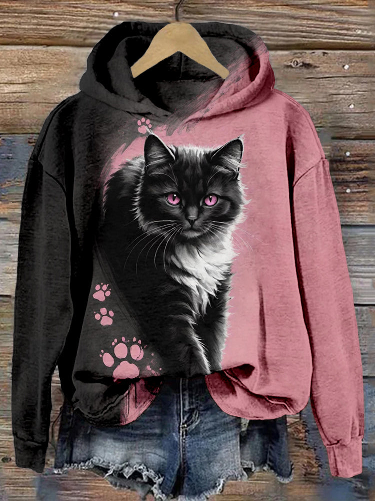 Cute Cat Pattern Print Vintage Cozy Hoodie elevenforest
