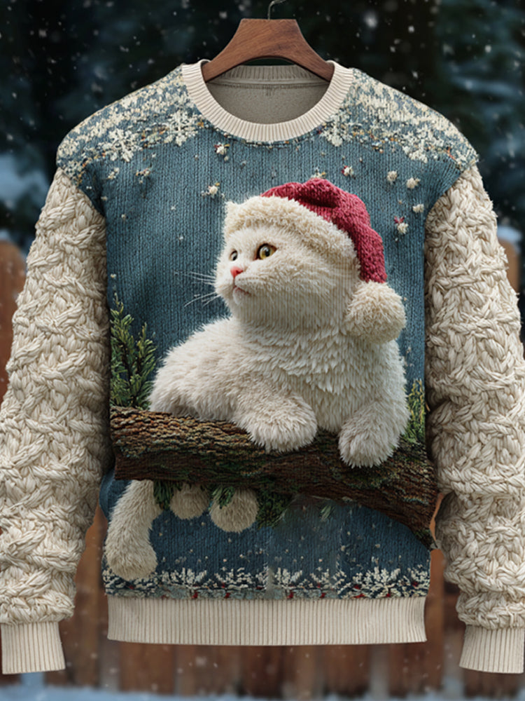 Christmas 3d Embroidered Cat Round Neck Sweater artswardrobe