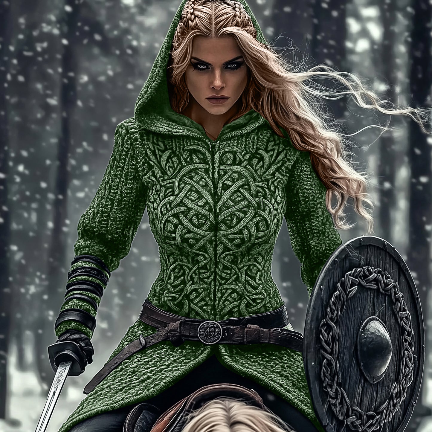 Women's Viking Tribal Jacquard Celtic Chunky Knit Zip-up Hooded Sweater artswardrobe