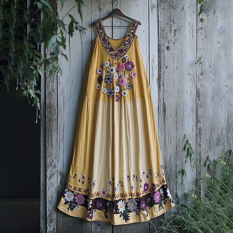 Boho Sunflowers Embroidered Gradient Lace Patchwork Linen Dress artswardrobe