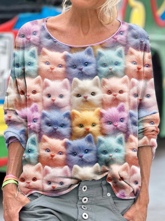 Women's Felted Colorful Cats Pattern Long Sleeve T-shirt elevenforest