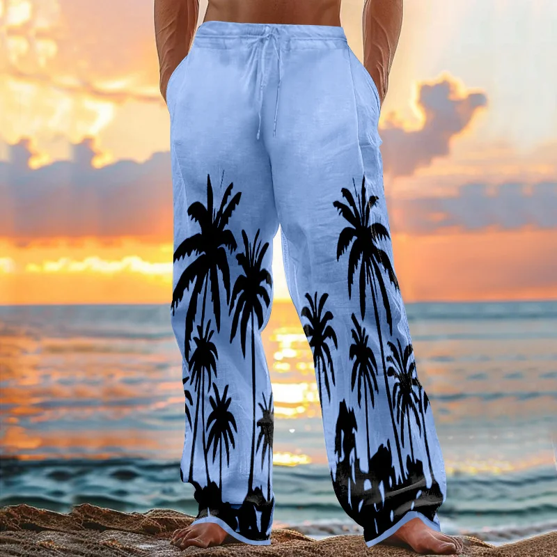 Vintage Hawaii Beach Printed Art Linen Blend Casual Pants artswardrobe